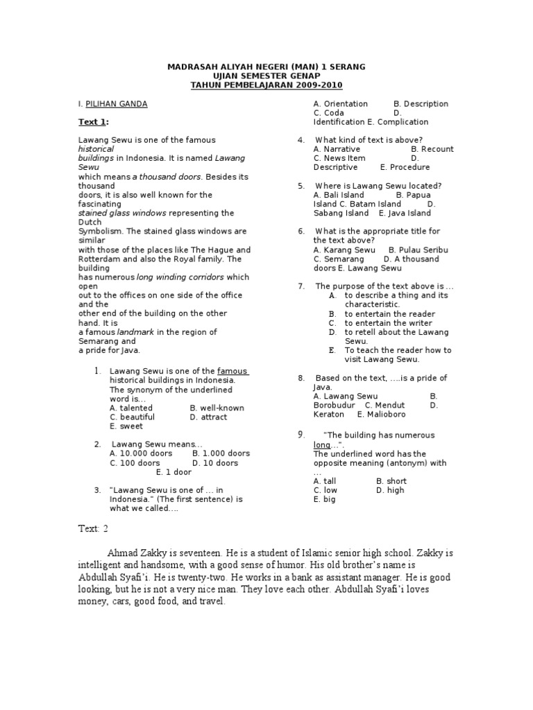 Soal Bahasa Inggris X Smester Genap 2009 2010