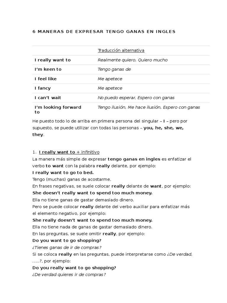 6 Maneras de Expresar Tengo Ganas en Ingles PDF Tipología