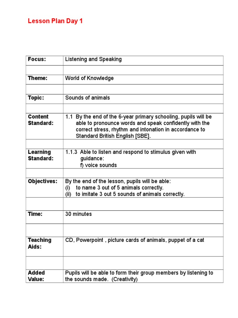 Lesson Plan Animal Sound 1 | Lesson Plan | Teachers