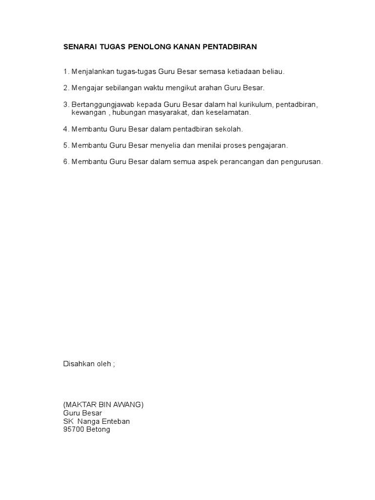 Senarai Tugas Penolong Kanan Pentadbiran Dan Pkhem Pdf