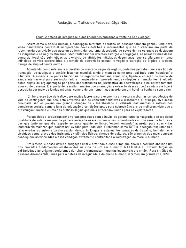 Redação Trafico de Pessoas Tráfico Humano