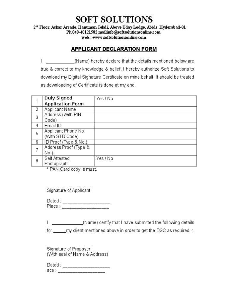 Applicant Declaration for DSC Application | PDF | Identity Document ...