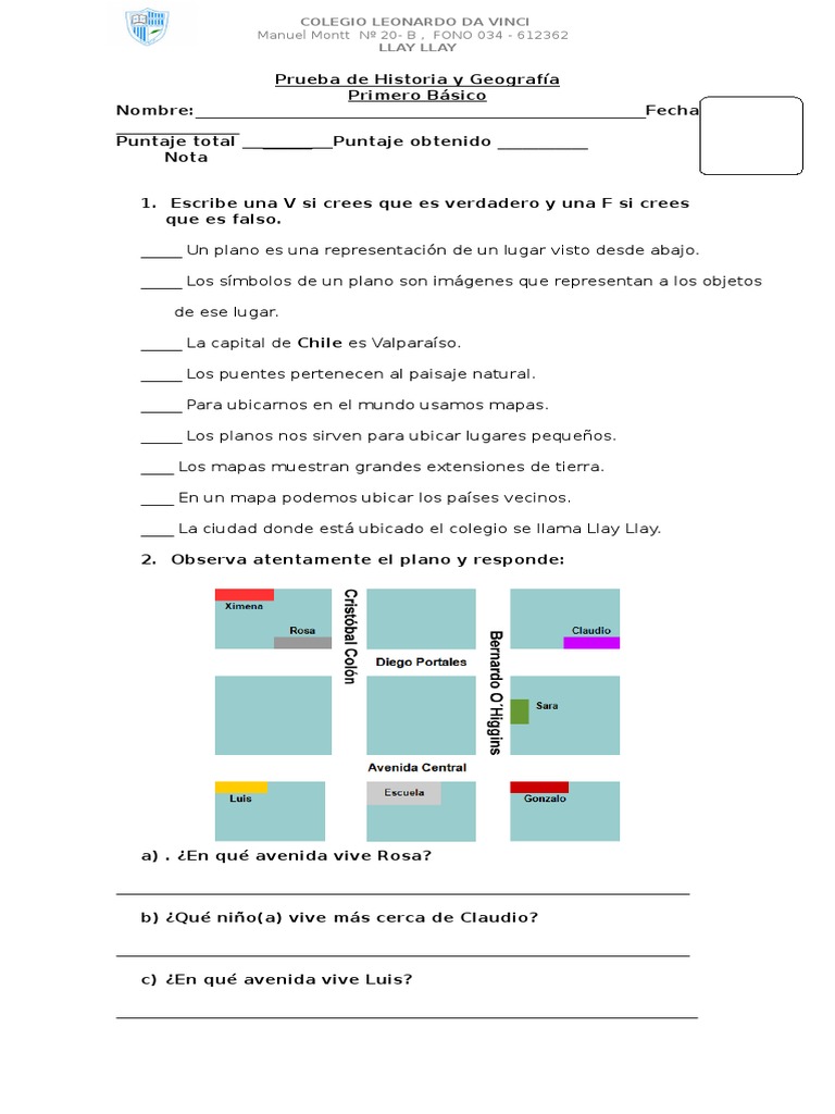 Prueba de Historia y Geografía 1° Básico | PDF | Chile | Andes