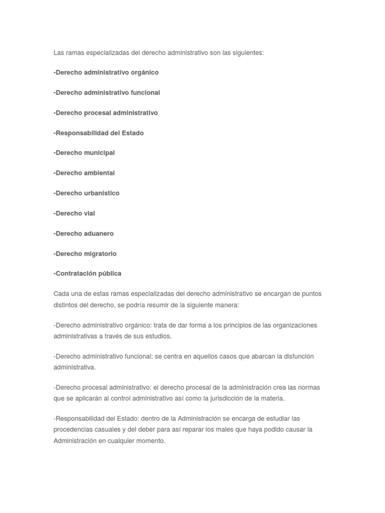 Las Ramas Especializadas Del Derecho Administrativo Son