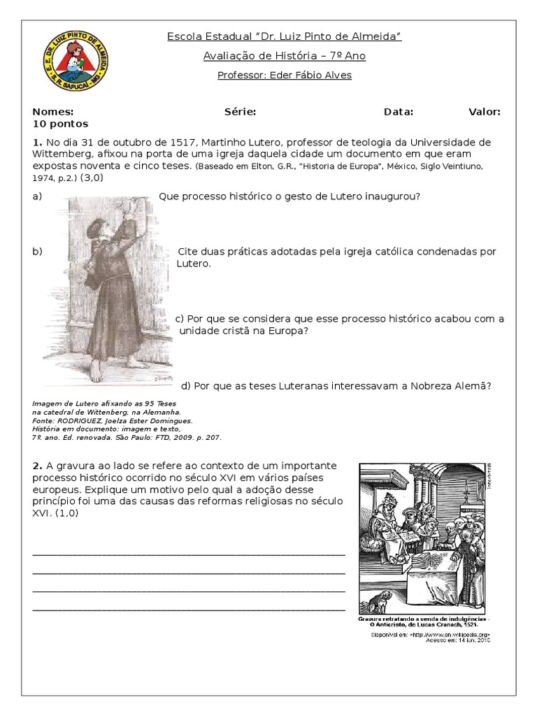 Atividades sobre a Reforma Protestante 7º Ano | PDF | Martinho Lutero ...