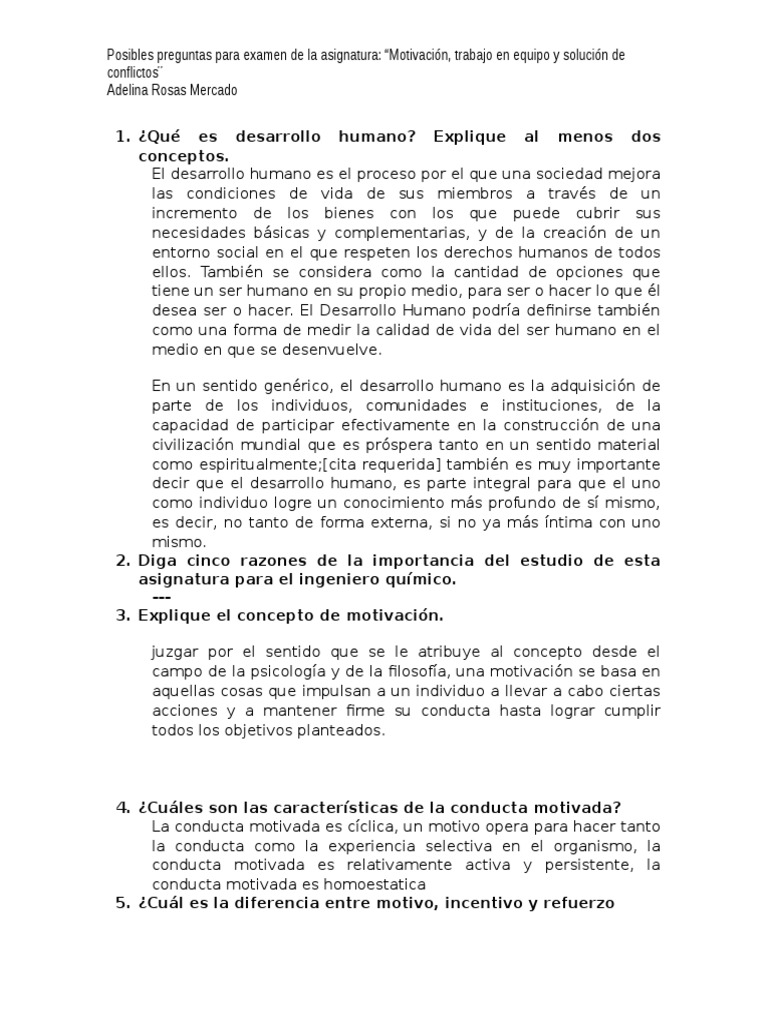 Preguntas para examen de motivación y trabajo en equipo | PDF ...