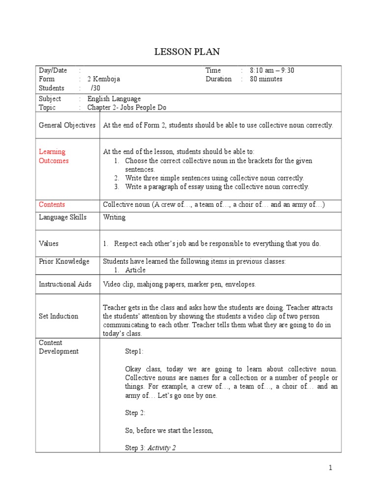 English Lesson Plan: Collective Nouns | PDF | Language Arts & Discipline