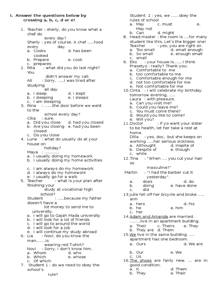 I. Answer The Questions Below by Crossing A, B, C, D or E! | PDF ...
