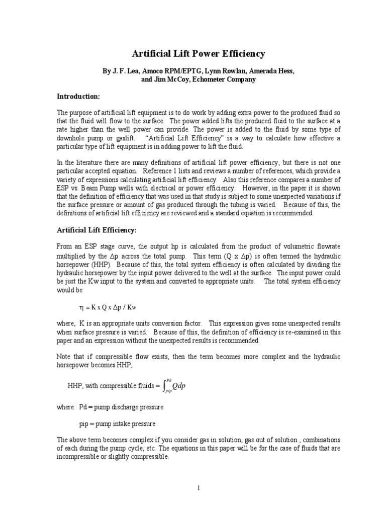 Artificial Lift Power Efficiency Analysis | PDF | Pump | Pressure