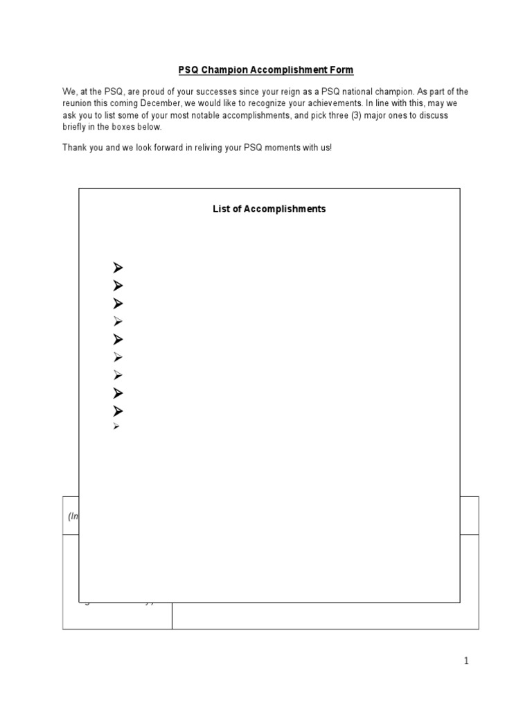 PSQ Champion Accomplishment Form: (Indicate Date and Project Title, If ...