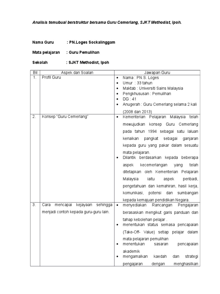 Analisis Temubual Berstruktur Bersama Guru Cemerlang Pdf