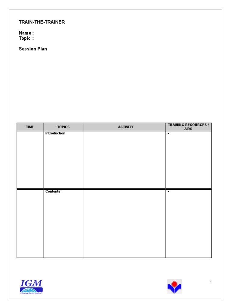 Train-The-Trainer Name: Topic: Session Plan: Time Topics Activity ...