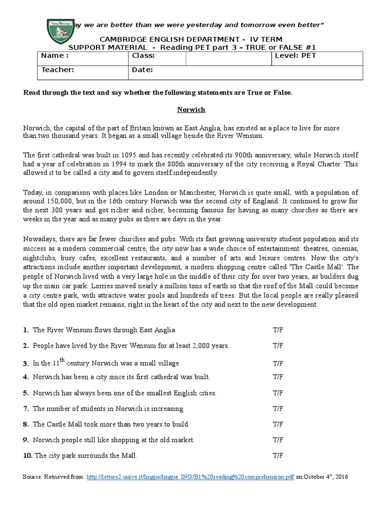 Reading Pet Part 3 True And False 1 Tourism And Leisure