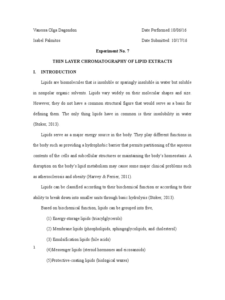 TLC Lipids Lab Report Thin Layer Chromatography Chromatography