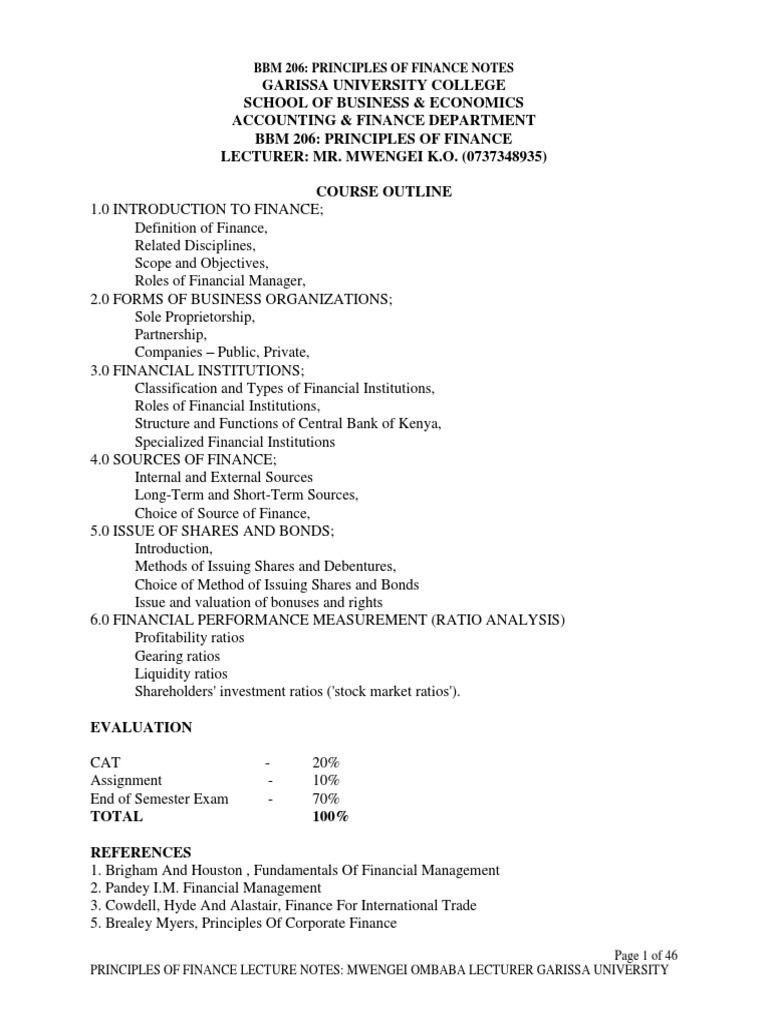 Principles of Finance Lecture Notes | PDF | Sole Proprietorship
