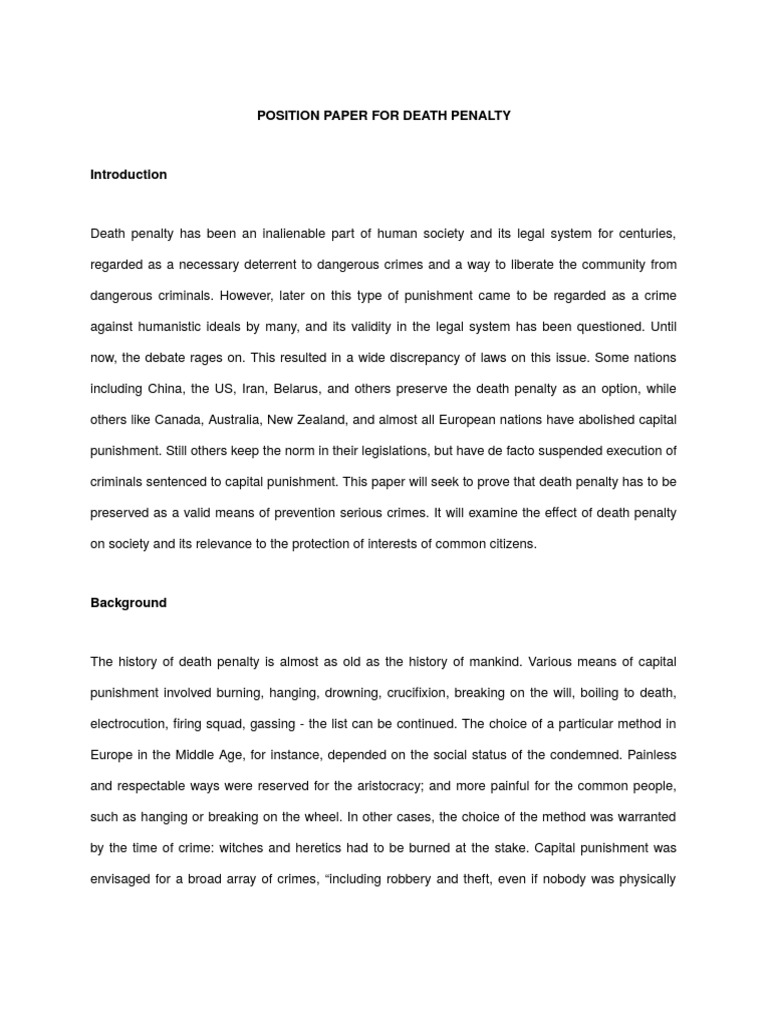 Position Paper For Death Penalty Capital Punishment Murder