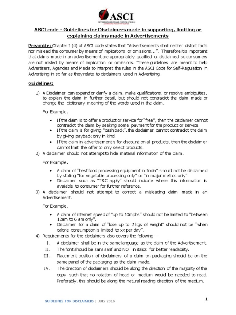 For Wide Circulation ASCI Code Guidelines For Disclaimers PDF | PDF