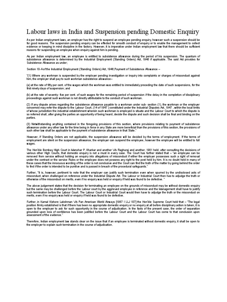 Labour Laws in India and Suspension Pending Domestic Enquiry Download