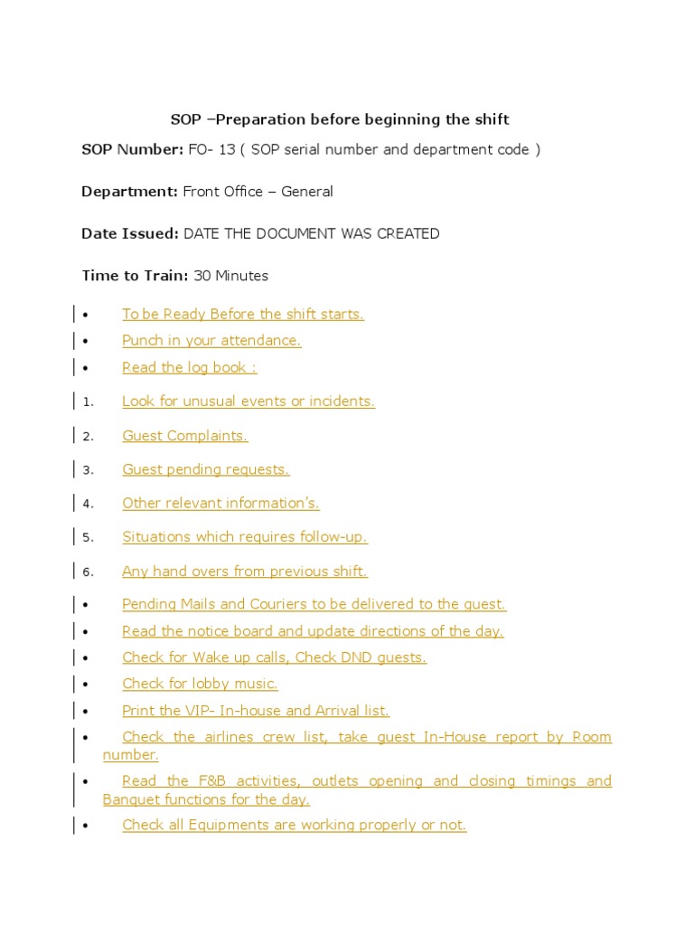 Front Office Shift Preparation SOP | PDF | Business