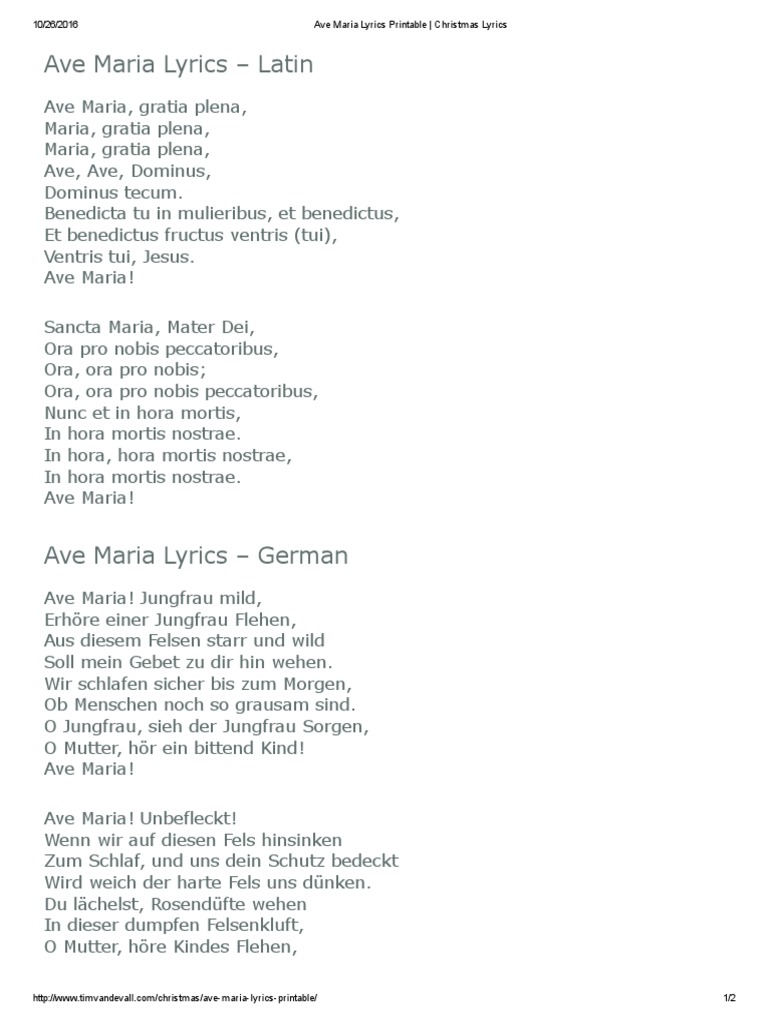 Ave Maria Lyrics Printable Christmas Lyrics PDF
