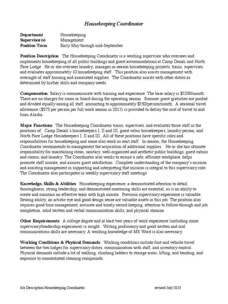 Job Description-Housekeeping Coordinator | PDF | Housekeeping | Business