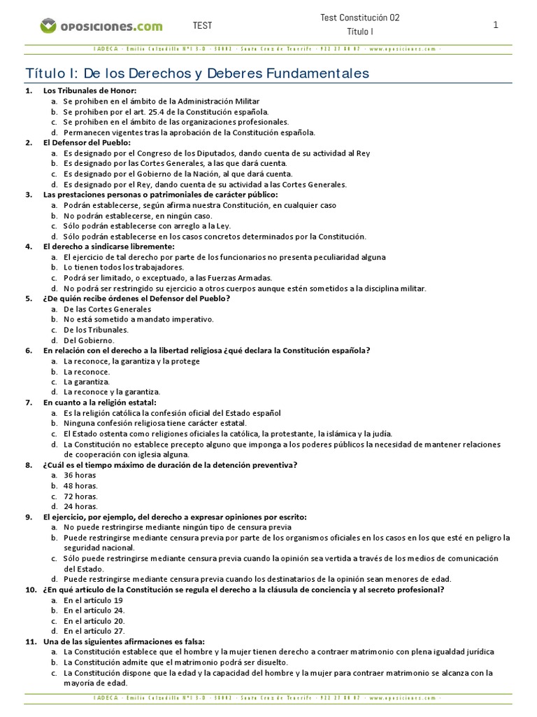Test 02 - Titulo I | PDF | Derecho Constitucional | Habeas corpus