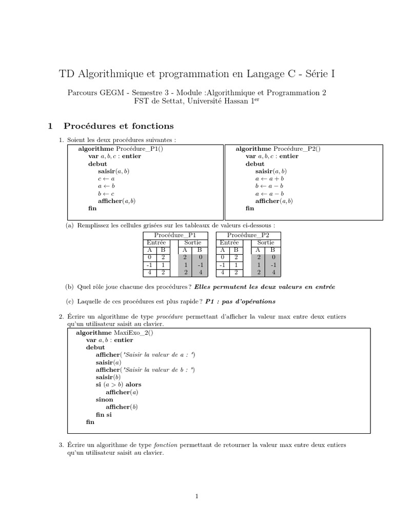 TD Algorithmique Et Langage C Serie 1 Correction Part 1 | PDF | C ...