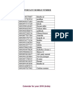 Important Mobile Number: Calendar For Year 2010 (India)