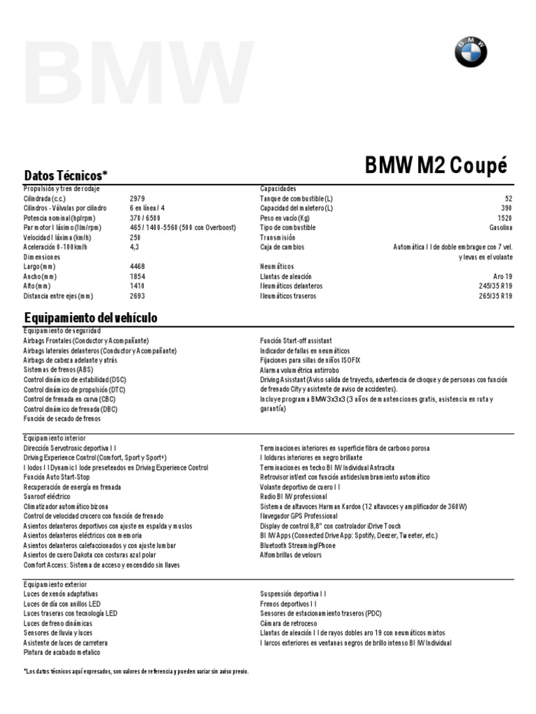 Ficha Técnica BMW M2 Coupé | PDF | Transmisión (Mecánica) | Airbag