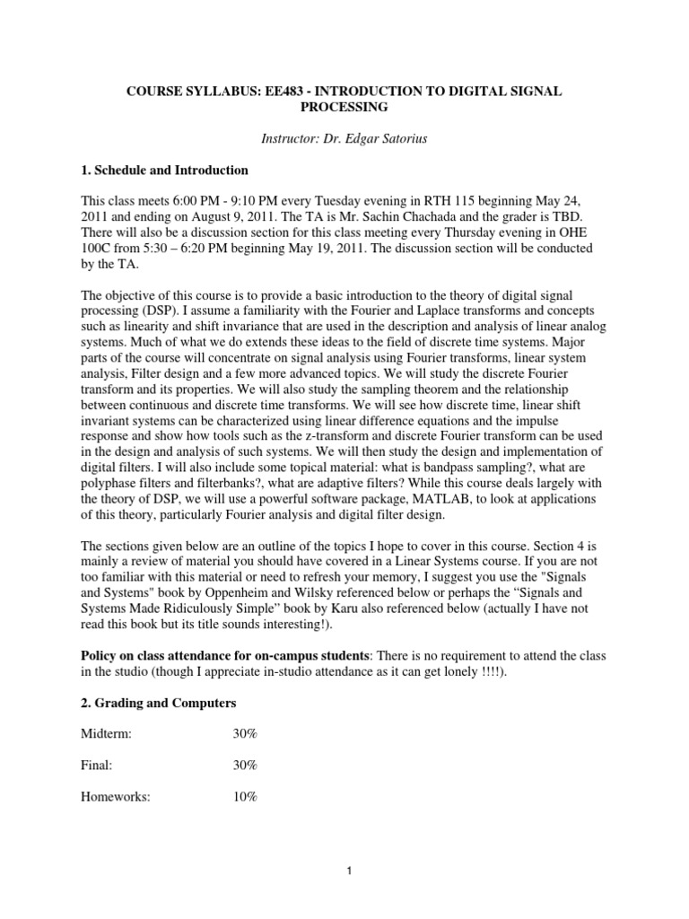 Introduction to Digital Signal Processing Syllabus for EE483 Course