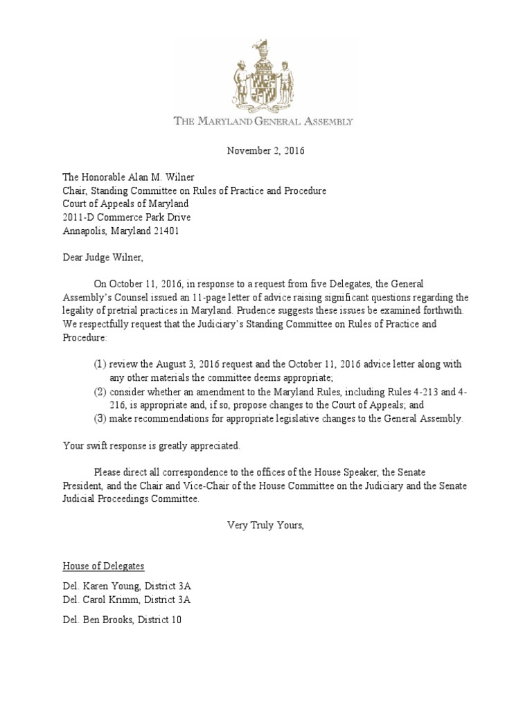 Letter From General Assembly Members To Standing Committee Re Bail