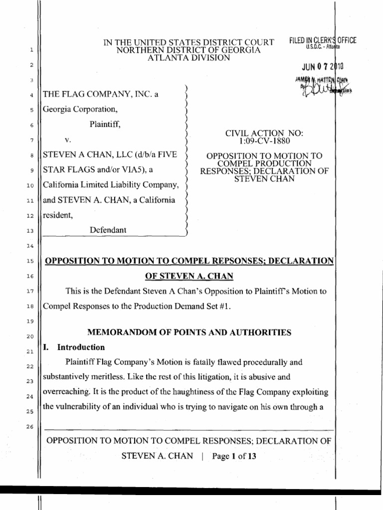 Opposition to Motion to Compel Discovery (Law) Motion To Compel