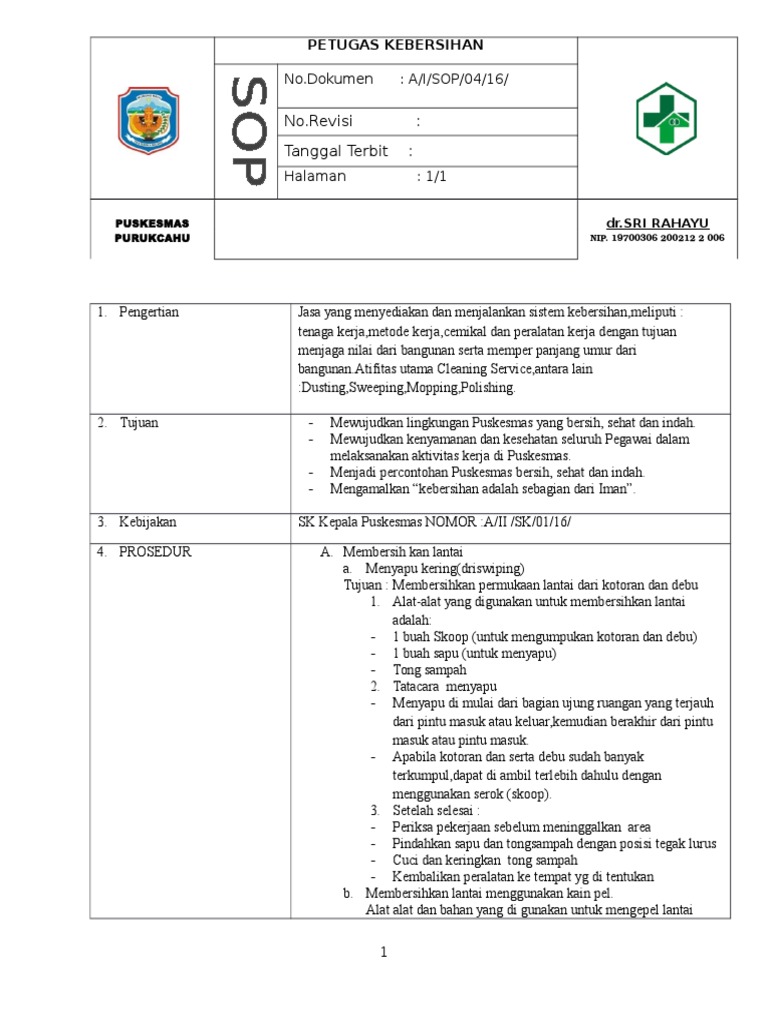 Prosedur Kebersihan Puskesmas | PDF | Griya & Taman