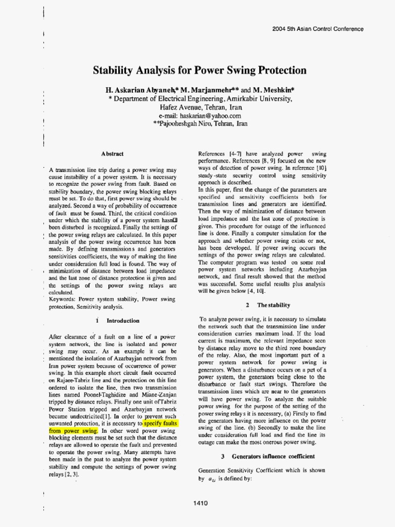 Stability Analysis For Power Swing Protection H. M. M. Hafez PDF