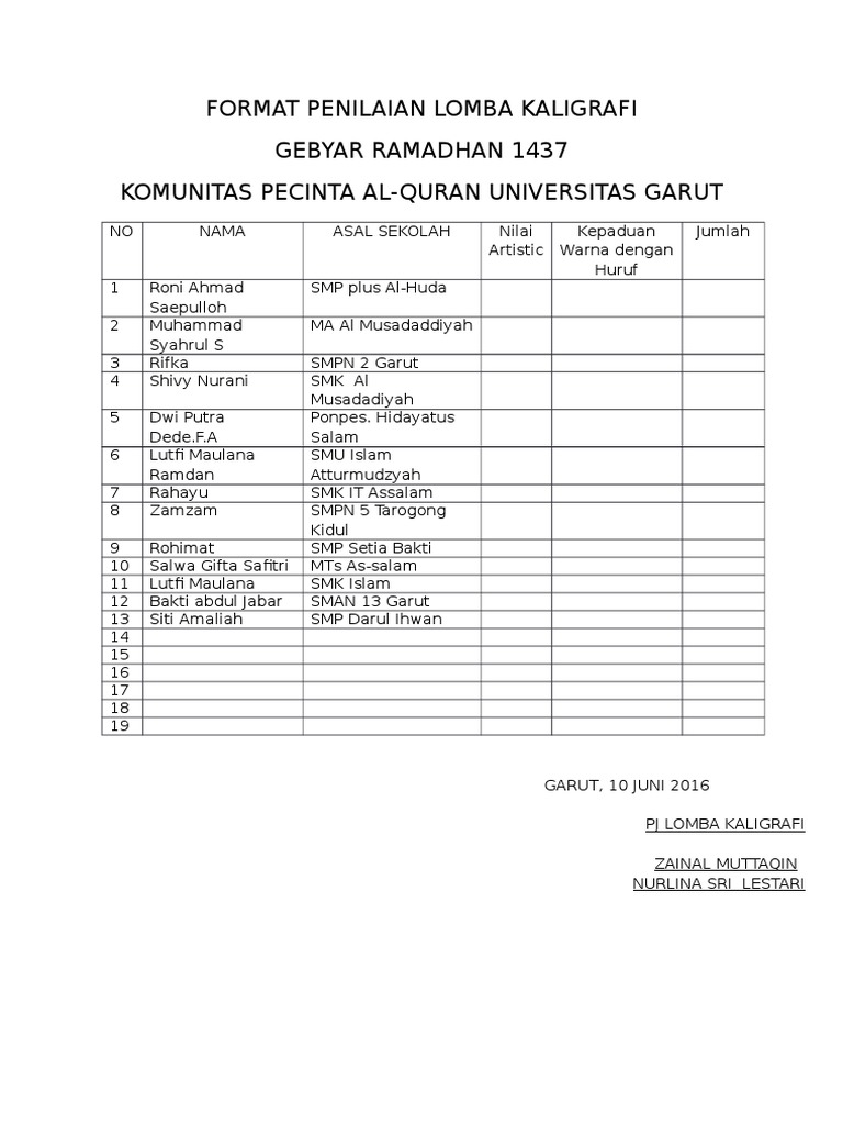 Format Penilaian Lomba Kaligrafi Guru Paud