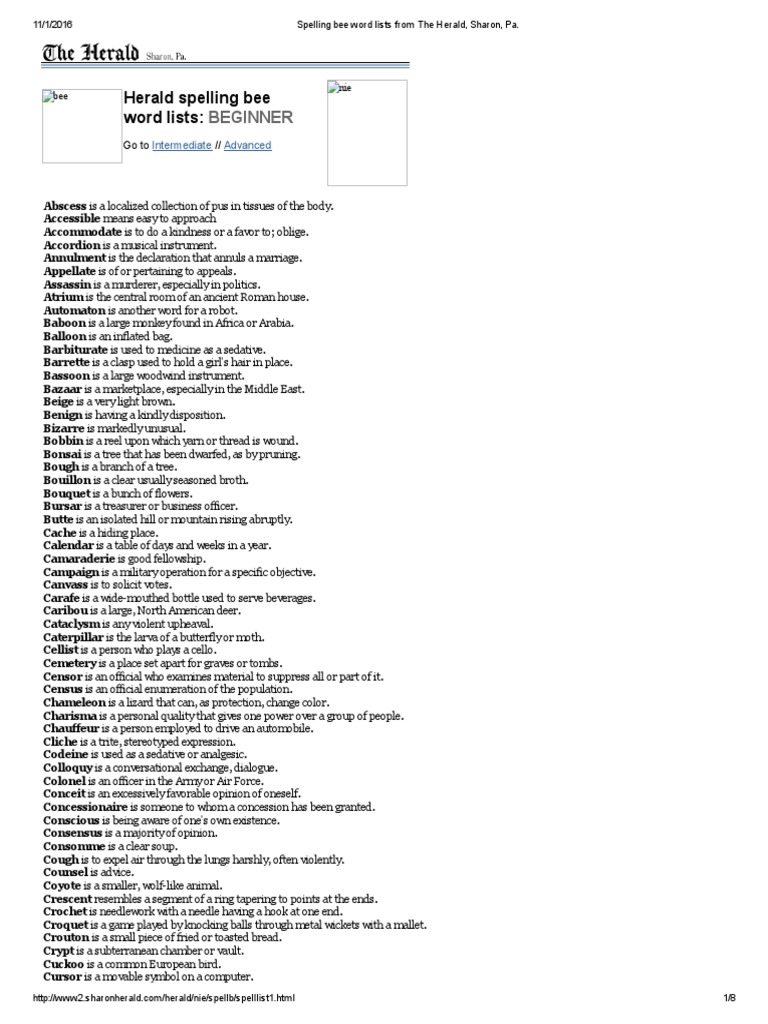 Spelling Bee Word Lists From The Herald, Sharon, Pa PDF PDF Nature