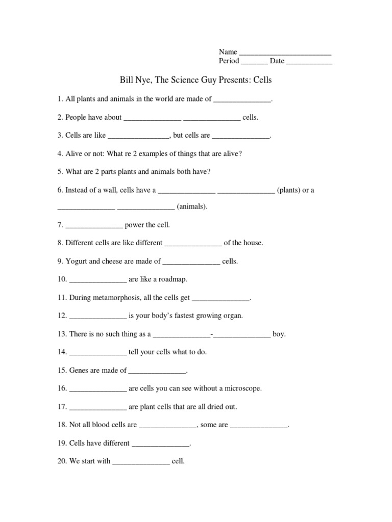 Billnyecellvideo  PDF Pertaining To Bill Nye Plants Worksheet