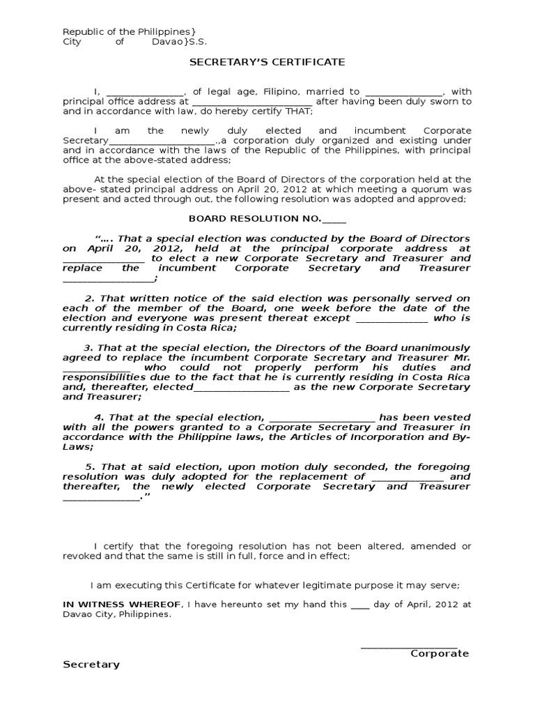 Secretary's Certificate Sample Philippines | PDF