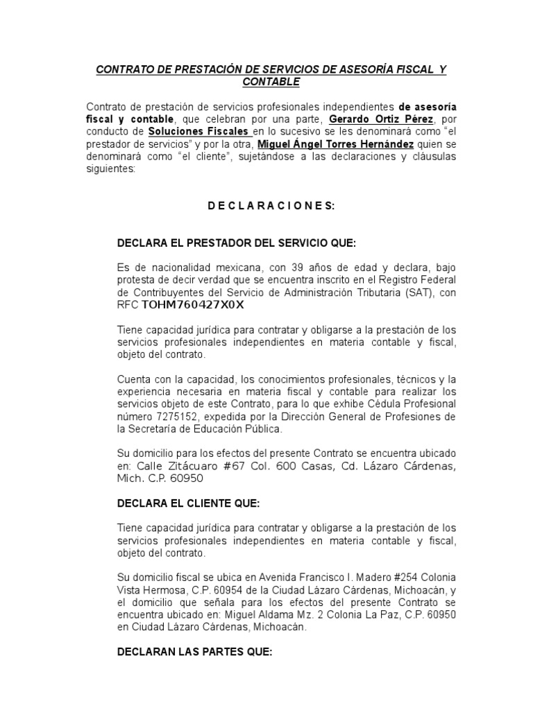 Contrato de Prestación de Servicios de Asesoría Fiscal y Contable | PDF ...