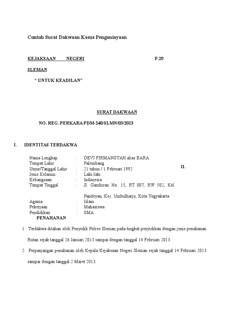 Contoh Surat Dakwaan Kasus Penganiayaan