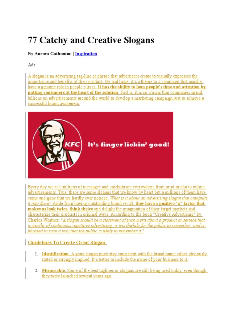 77 Catchy and Creative Slogans | PDF | Advertising | Companies