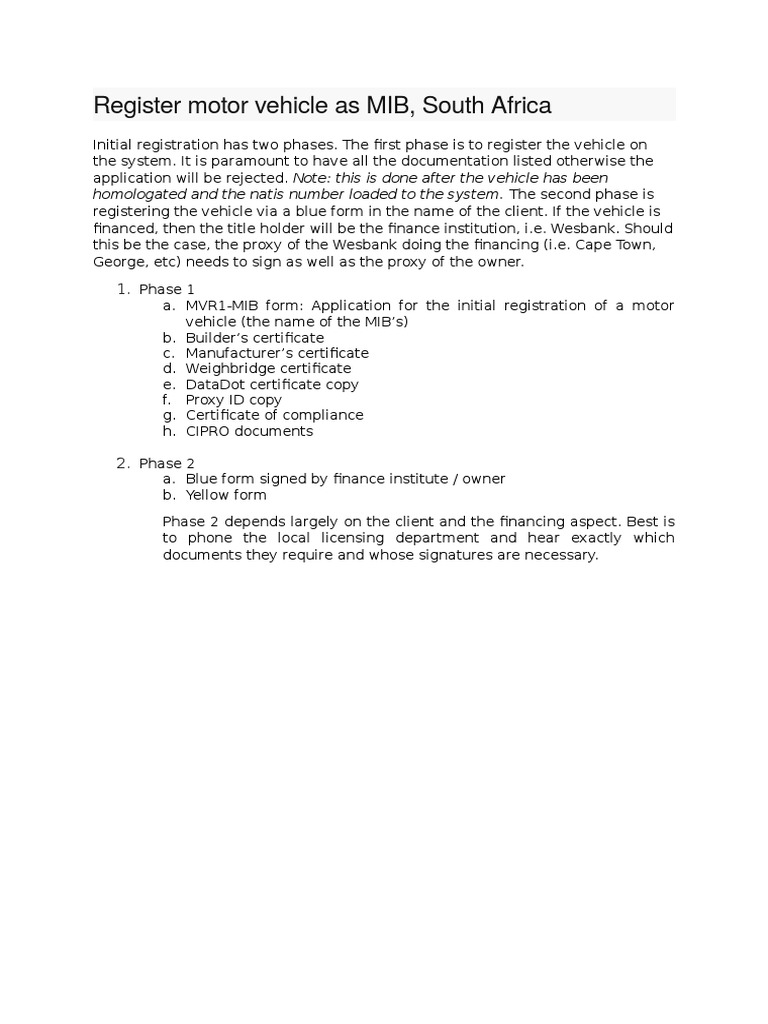 MIB Vehicle Registration Process SA | PDF | Business