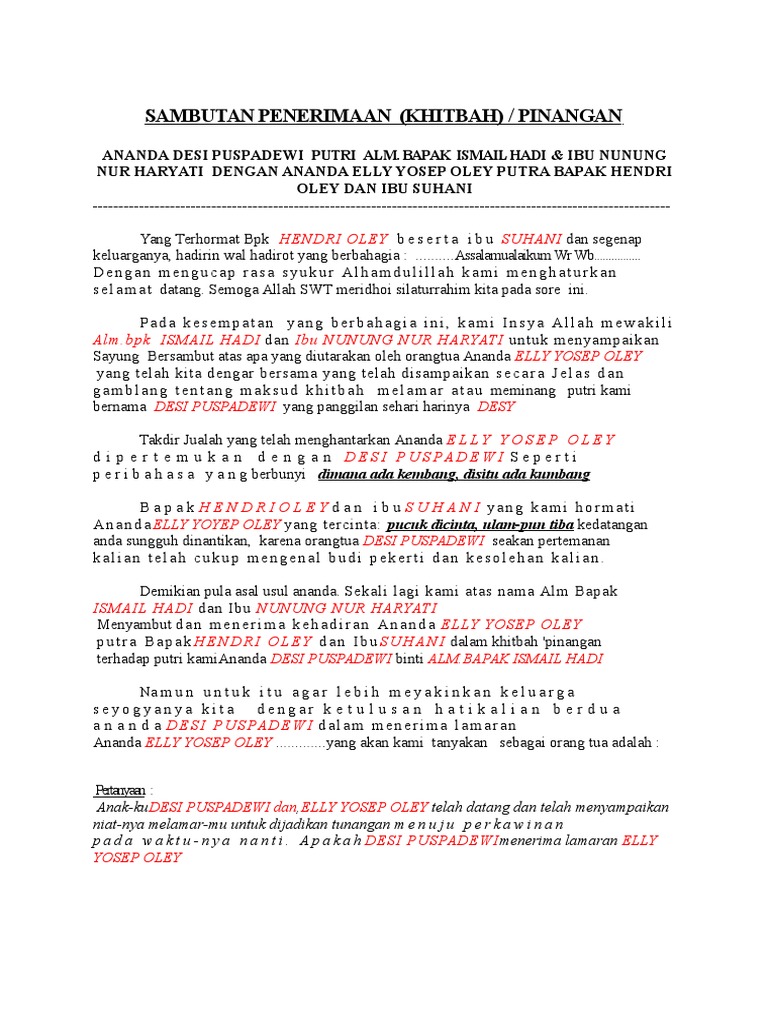 Sambutan Penerimaan Lamaran Dari Pihak Wanita Berbagi Lamaran