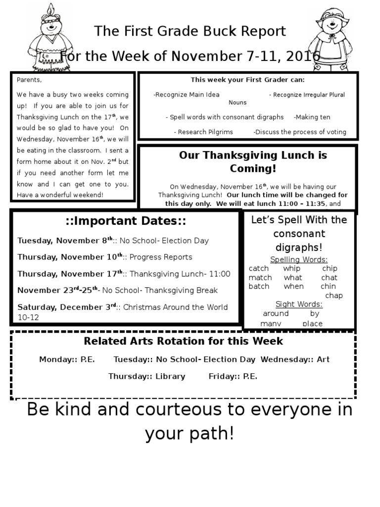 First Grade Weekly Update: Nov 2016 | PDF
