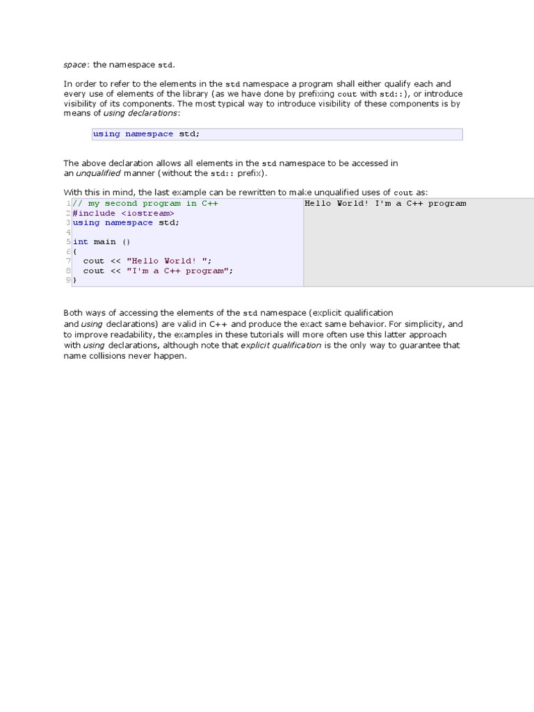 Using Namespace: // My Second Program in C++ | PDF