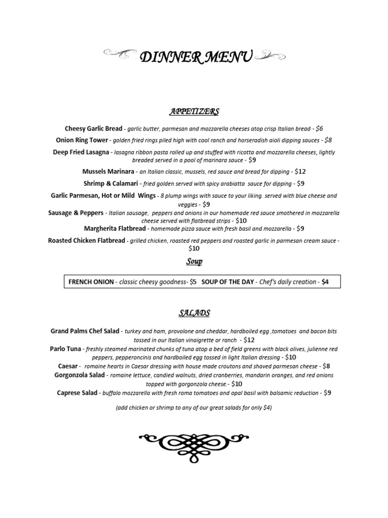 Italian Dinner Menu Highlights | PDF | Salad | Pasta