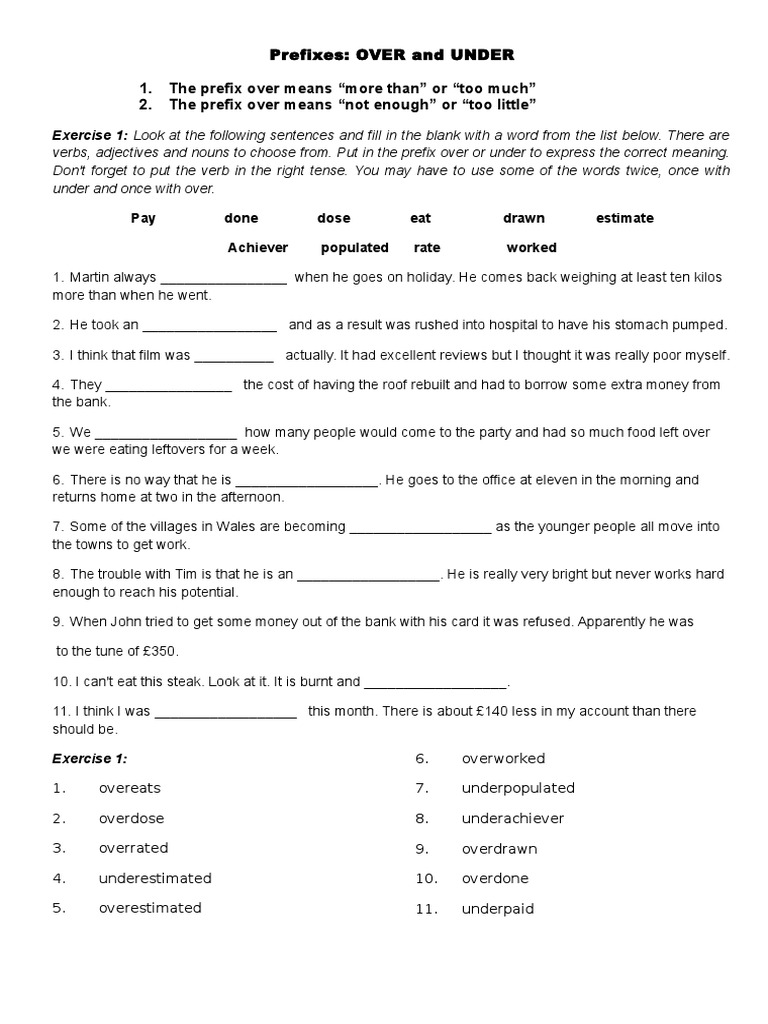 Prefixes Under - Over | PDF