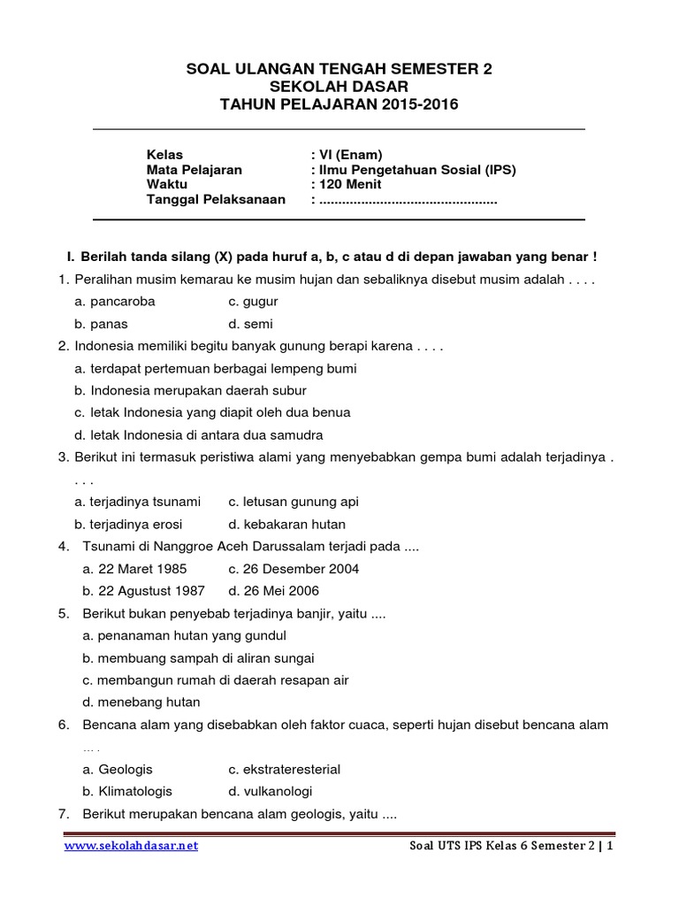 Soal Dan Kunci Jawaban Uas Ips Sd Kelas 6 Semester 1