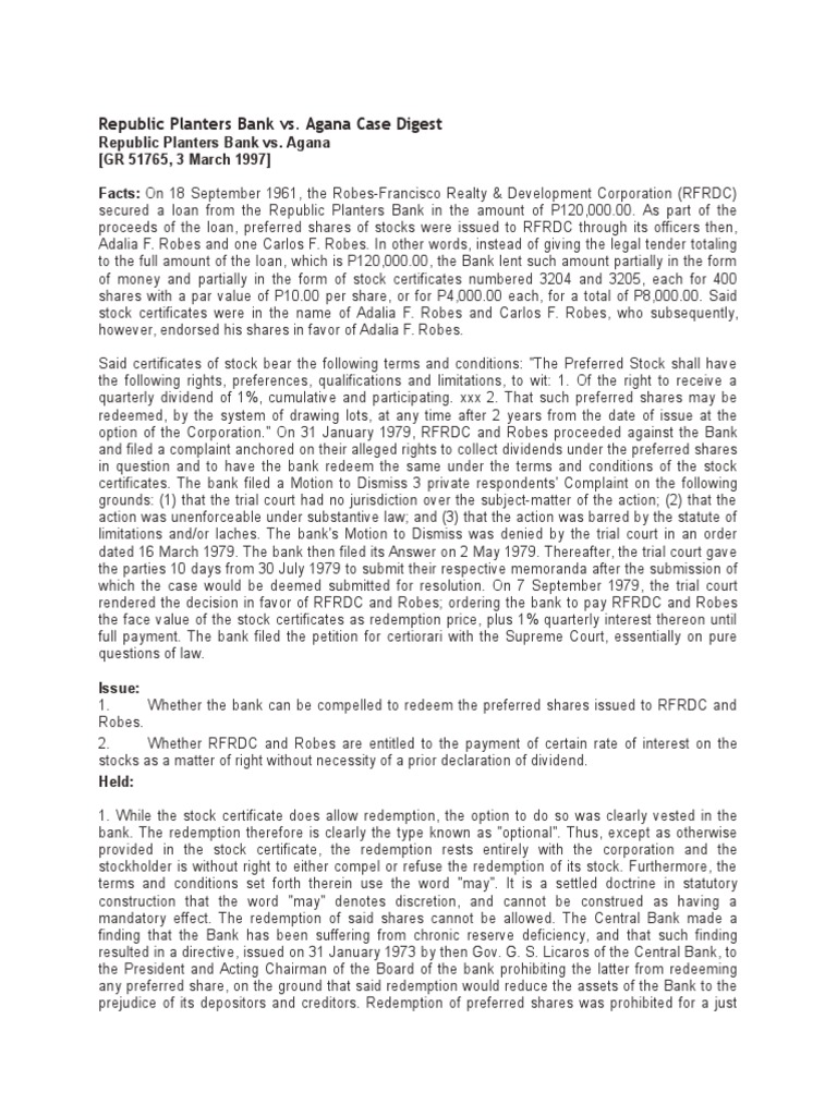 Republic Planters Bank vs. Agana Case Digest PDF