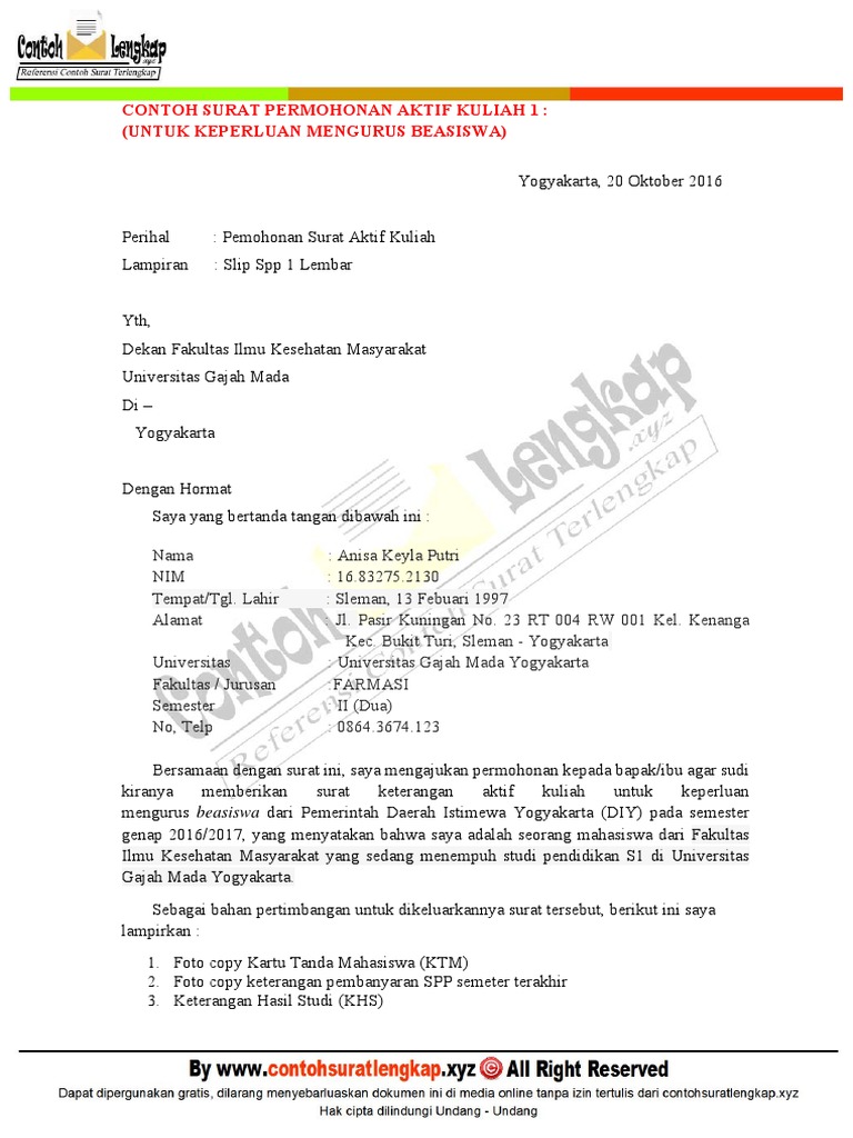Contoh Surat Permohonan Aktif Kuliah